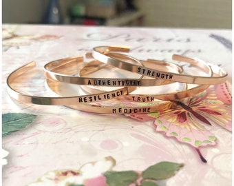 Rose Gold Filled Bracelet Cuff - Nevertheless She Persisted - Hand Stamped Inspirational Quote - Personalized Cuff - Flexible Metal Cuff