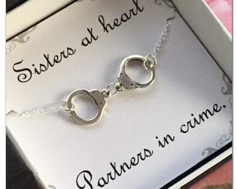 Partners in Crime Bracelet - Handcuff Bracelet - Sisters at Heart Card - Friendship Bracelet - Sister Gift - Sibling Bestie BFF Cuff Jewelry