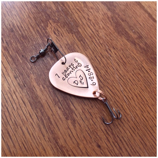 Custom 7th Anniversary Gift for Him - Personalized Copper Lure - 7 Year Anniversary - Hand Stamped Fishing Accessory - I'm Hooked on You