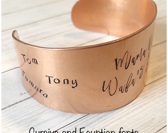 Large Cuff Bracelet - Wide Personalized Bracelet - Hand Stamped Copper Cuff - Tapered Cuff Bracelet 6" long rounded - Name What's Your Word