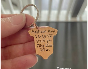 Personalized Onesie Keychain - Copper Birth Stats Keychain - New Mom Keychain - Baby Statistics - Birth Date Keychain - Newborn Push Gift