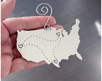 Long Distance Ornament - USA Map - Stamped Hearts - Far Away Friends Siblings - Custom Moving Away Gift - Personalized Map Present