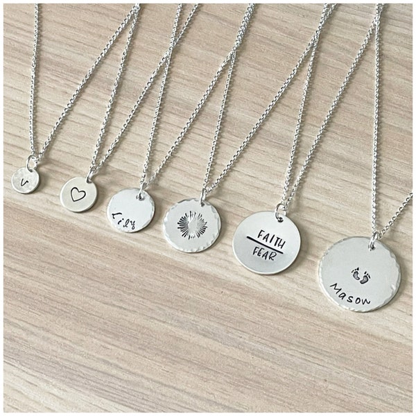 Personalized Disc Necklace - Customized Layering Coin Necklace - Sterling Silver Pendant Jewelry - 3/8", 1/2", 5/8", 3/4", 7/8" or 1" Charm