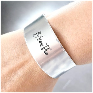 Large Hand Stamped Cuff Bracelet - Wide Personalized Bracelet - Aluminum Copper Brass Available - Tapered Cuff Bracelet - 6" long rounded