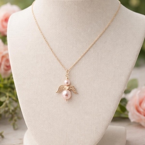 Angel Charm Necklace - Heaven Pendant Jewelry - Pink or Blue Pearls - Boy Girl Remembrance - Infant Loss image 1