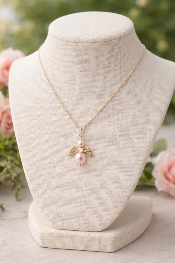 Angel Charm Necklace - Heaven Pendant Jewelry - Pink or Blue Pearls - Boy Girl Remembrance - Infant Loss