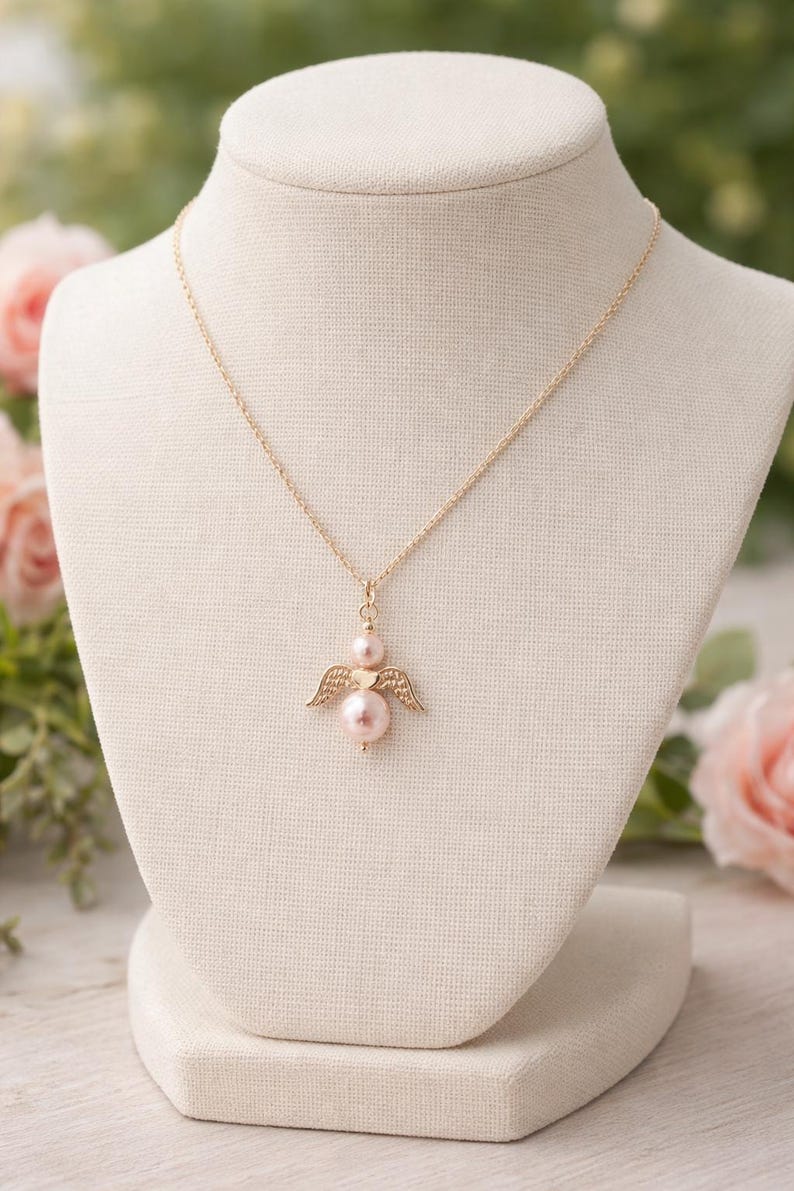 Angel Charm Necklace - Heaven Pendant Jewelry - Pink or Blue Pearls - Boy Girl Remembrance - Infant Loss image 1