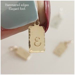 Può includere: Ciondolo in oro con finitura martellata e forma rettangolare. Il ciondolo ha la lettera "E" incisa.