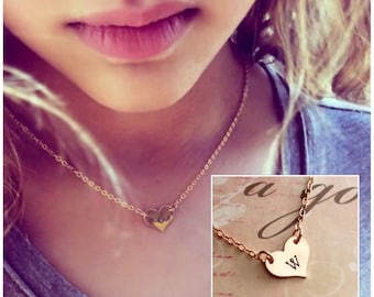 Rose Gold Heart Necklace - Hand Stamped Initial on Heart Charm - Personalized Initial Heart Necklace - Love Necklace - Mother's Day Necklace