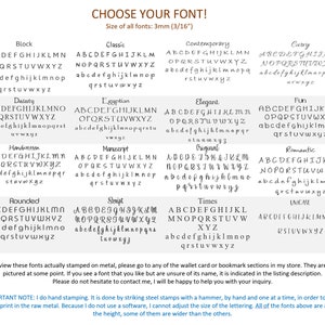 May include: A chart showing 16 different font styles for hand stamping. The font styles are shown in uppercase and lowercase letters. The chart also includes the text "Choose Your Font!" and "Size of all fonts: 3mm (3/16")".