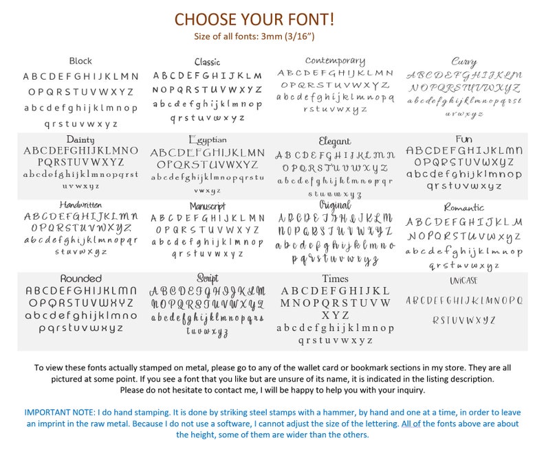 May include: A chart showing 16 different font styles for hand stamping. The font styles are shown in uppercase and lowercase letters. The chart also includes the text "Choose Your Font!" and "Size of all fonts: 3mm (3/16")".