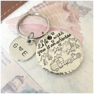 Life is an Adventure With You Keychain - Personalized Keychain With Custom Initials - Hand Stamped Keychain Disc - Gift for Travelers