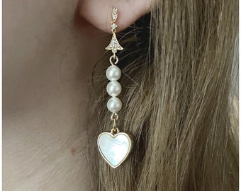 Dangle Heart Earrings - Mother of Pearl Drop Earrings - Minimalist Earrings - Dainty Earrings - Gold Earrings - Bride Wedding Bridesmaid