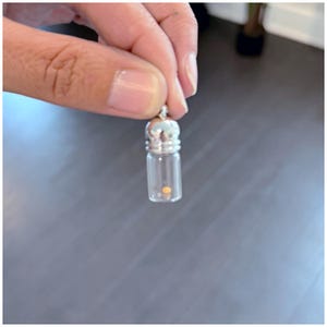 May include: A small, clear glass vial with a silver-colored crown-shaped lid. The vial contains a single mustard seed. The vial is suspended from a silver-colored loop.