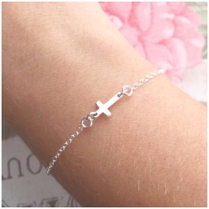 Tiny Cross Bracelet - Sideways Cross Bracelet - Sterling Silver Bracelet with Cross Charm - Silver Cross Bracelet - Small Cross Bracelet