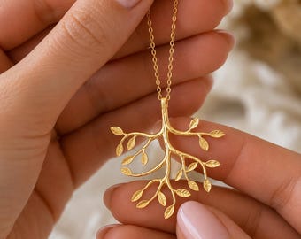 Collana con ramo d'albero in oro giallo - Gioielli con albero genealogico - Regalo per mamma e mamma