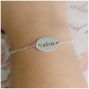 Sterling Silver Name Bracelet - Hand Stamped Word Bracelet - Personalized Text Oval Charm - Girl Boy Name Jewelry - Birthday Present for Her