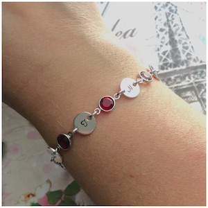 Silver Initial Bracelet - Silver Birthstone Bracelet - Hand Stamped Disc - Custom Color Birth Month Crystal - Personalized Initial Bracelet