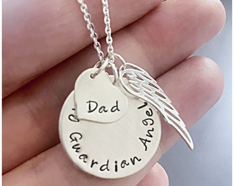 Silver Dad Necklace - Sterling Silver Disc Heart - Angel Wing Charm - 1" Pendant Jewelry - Guardian Angel Gift - Remembrance Present - Loss