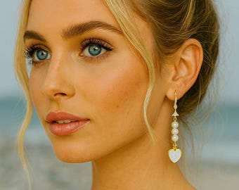 Orecchini pendenti a forma di cuore in oro giallo e madreperla - Minimalisti - Delicati - Eleganti - Sposa Matrimonio Damigella d'onore
