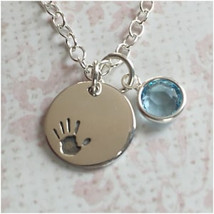 Baby Hand Birthstone Necklace - Boy Girl Necklace - Son Daughter Jewelry Crystal - Sterling Silver Hand Impression - Gift for New Mom