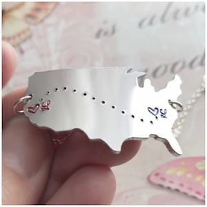 Initial Map Bracelet - Aluminum United States Map Pendant - Hand Stamped Initials - Distance Dot Link - Personalized Jewelry Metal US Charm