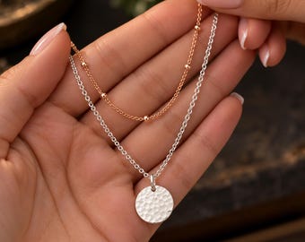 Set of 2 Layered Necklaces - Dainty Satellite Chain - Hammered Disc - Mixed and Match Sterling Silver and Gold