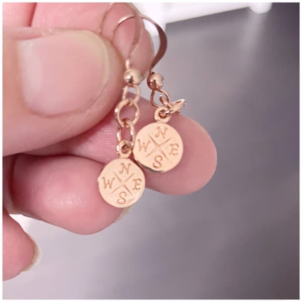 Rose Gold Compass Earrings - Compass Jewelry - Nautical Earrings - Travel Dangles - Cardinal Points - Right Direction Earrings