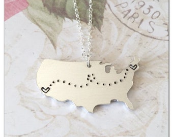 State to State Necklace - City to City Jewelry - Multiple States or Cities - Personalized USA Necklace - Hand Stamped Necklace with Heart