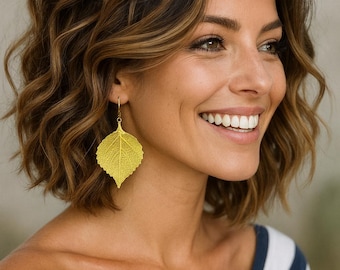 Pendientes de hoja de álamo temblón auténtica bañados en oro - Joyería de otoño - Colgante de hoja bañado en oro