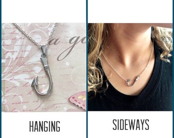 Sideways Fish Hook Necklace - Fishers of Men Necklace - Stainless Steel Fish Hook Pendant Necklace - Choose Your Length - Nautical Jewelry