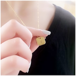 Birthstone Square Necklace - Yellow Gold Tile Necklace - Mother&#39;s Day Jewelry - Custom Birth Month Crystal on Square Charm - Woman Necklace