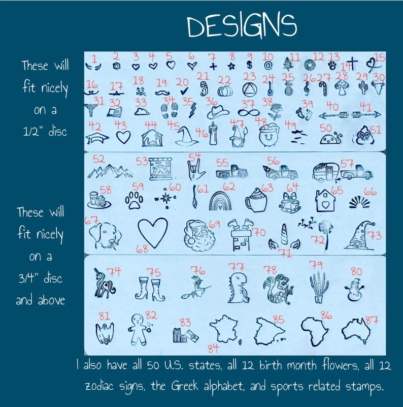 Puede incluir: Un cat&aacute;logo de 87 iconos numerados en arte lineal negro sobre fondo azul oscuro, titulado DESIGNS. El texto indica que los iconos 1-51 caben en un disco de 1,27 cm, y los 52-87 en uno de 1,91 cm. Menciona estados de EE. UU., flores y signos zodiacales.
