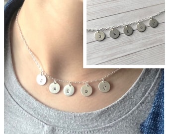 Multiple Disc Necklace - Sterling Silver Initial Necklace - Hand Stamped Initial Tag Necklace - Family Kids Initials - Initial Gift for Mom