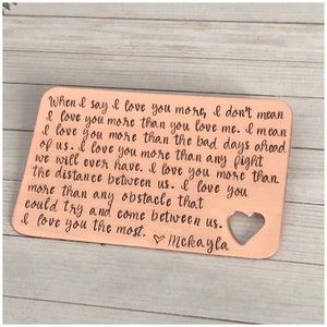 Anniversary Card - Personalized Message - Celebration - Stamped Copper Wallet - When I Say I Love You More - Hammered Accessory for Him