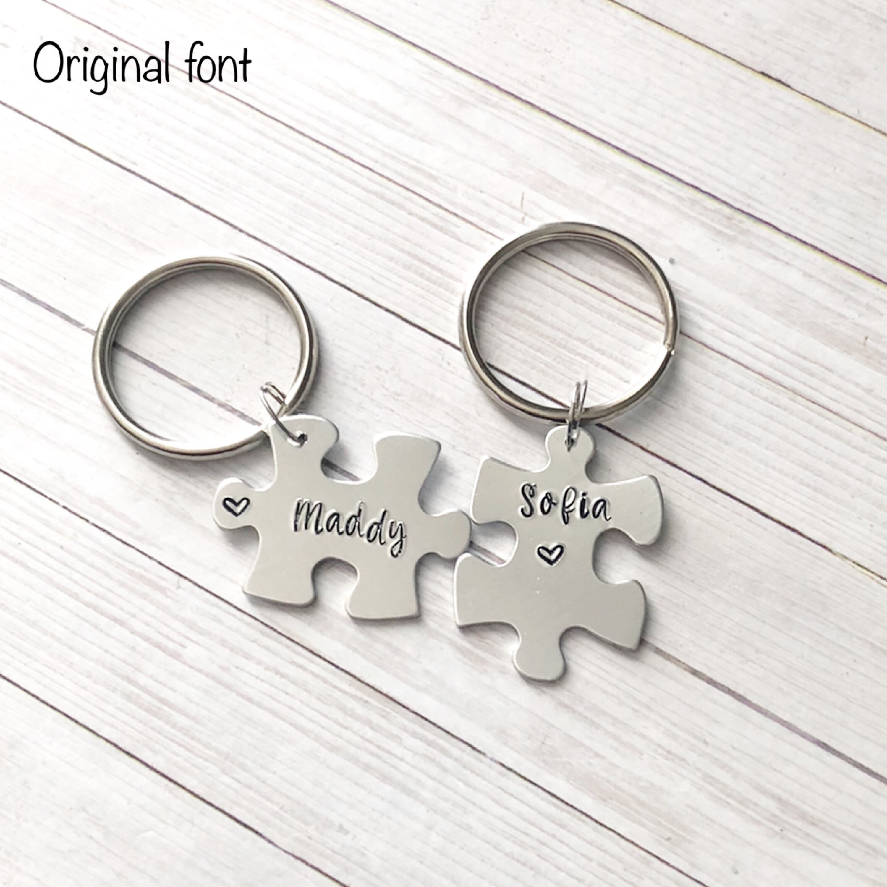 Hand Stamped Puzzle Piece Keychain Set Personalized Couple Etsy