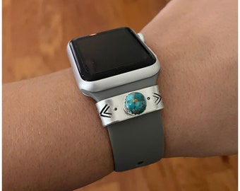 Turquoise Watch Band Cuff - Personalized iWatch Garmin Tags - Aluminum Watch Charm - Hand Stamped Watch Accessory - Custom Watch Band Slide