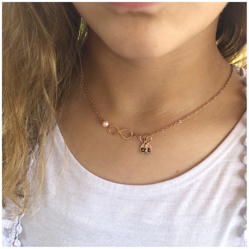 Rose Gold Infinity Necklace Pearl Infinity Sign Stamped Leaf Charm Pendant Custom Initial Personalized Letter Infinity Jewelry