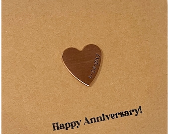 Personalized Anniversary Birthday Card - Stamped Heart - Copper Brass Aluminum - 4.25 x 5.5 Kraft Folded Cardstock Paper - Envelope Included