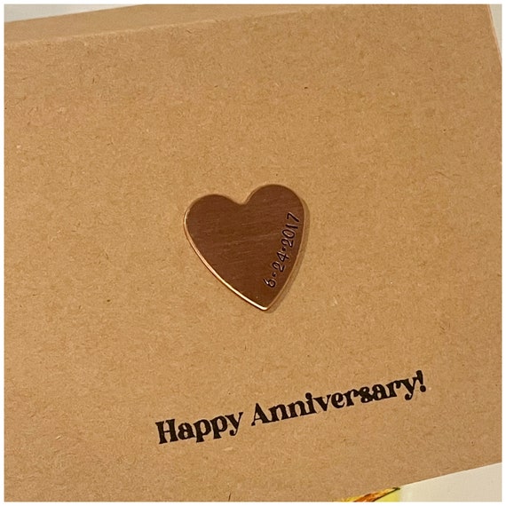 Personalized Anniversary Birthday Card - Stamped Heart - Copper Brass Aluminum - 4.25 x 5.5 Kraft Folded Cardstock Paper - Envelope Included