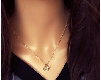 Personalized Bumble Bee Jewelry - Gold Bumblebee Necklace - Hand Stamped Initial on Gold Disc - Dainty Gold Necklace with Honey Bee Charm