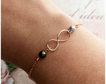 Rose Gold Infinity Bracelet - 2 Pearls Infinity Bracelet - Birthstone Infinity Jewelry - Children Birth Months - Customized Gift for Mommy