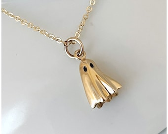 Yellow Gold Ghost Necklace - Spooky Halloween Jewelry - Cute 3D Pendant - Boo - Trick or Treat - October 31