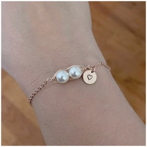Two Pea in a Pod Bracelet - Personalized Rose Gold Bracelet - Two Pearls - 2 Beads - Initial Disc Bracelet -  2 Siblings - Brother Sister