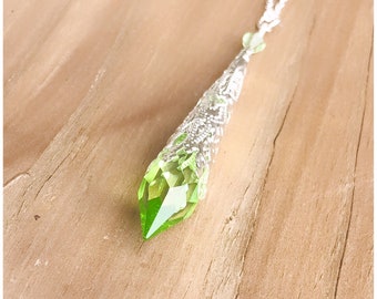 August Icicle Necklace Crystal Necklace - Colored Crystal - Silvertone Filigree Spike - Victorian Pendant Necklace - Green Gift