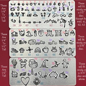 May include: A sheet of metal with 81 different designs stamped into it. The designs are all approximately 1/8 inch to 1/2 inch tall. The designs include a variety of shapes, symbols, and characters, including a pumpkin, a heart, a star, a mushroom, a pineapple, a musical note, a snowman, a house, a witch's hat, a candle, a smiley face, boots, a fireplace, a gnome, a hand gesture, a flag, a camper, a truck, a rainbow, a coffee cup, a bow, a unicorn, a mermaid, a skeleton, a chimney, Santa Claus, a gingerbread man, a house, a heart, a sunflower, and a unicorn.