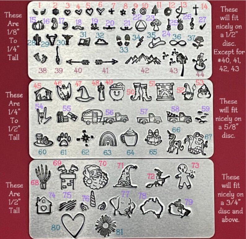 May include: A sheet of metal with 81 different designs stamped into it. The designs are all approximately 1/8 inch to 1/2 inch tall. The designs include a variety of shapes, symbols, and characters, including a pumpkin, a heart, a star, a mushroom, a pineapple, a musical note, a snowman, a house, a witch's hat, a candle, a smiley face, boots, a fireplace, a gnome, a hand gesture, a flag, a camper, a truck, a rainbow, a coffee cup, a bow, a unicorn, a mermaid, a skeleton, a chimney, Santa Claus, a gingerbread man, a house, a heart, a sunflower, and a unicorn.