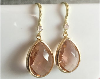 Gold Peach Crystal Earrings - Dainty Bridal Jewelry - Champagne Drop Earrings