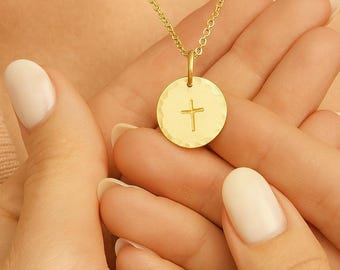 Gold or Silver Cross Disc Necklace - Hammered Charm - Hand Stamped Jewelry - Dainty Minimal Everyday Wear