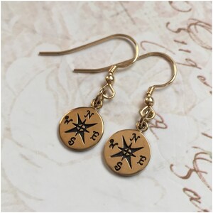 Gold Compass Earrings - Not Plated Earrings - Compass Jewelry - Nautical Earrings - Travel Dangles Cardinal Points Right Direction Earrings